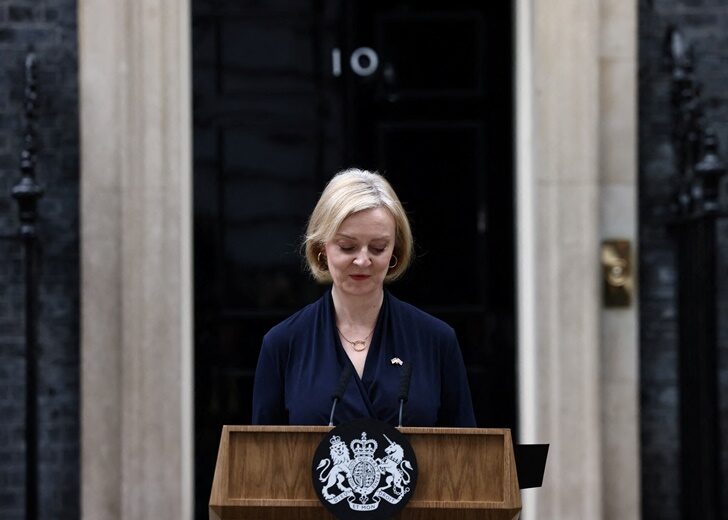 British Prime Minister Liz Truss announces her resignation, outside Number 10 Downing Street, London