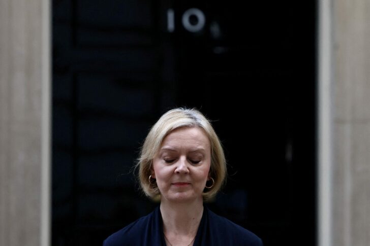 British Prime Minister Liz Truss announces her resignation, outside Number 10 Downing Street, London