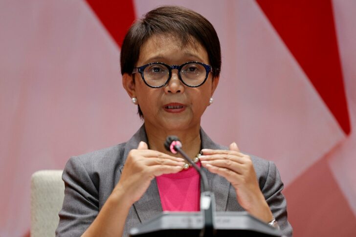 Indonesian Foreign Minister Retno Marsudi delivers her speech during a news conference in Jakarta