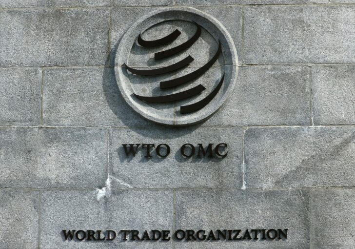 FILE PHOTO: A logo is pictured outside the World Trade Organisation (WTO) in Geneva