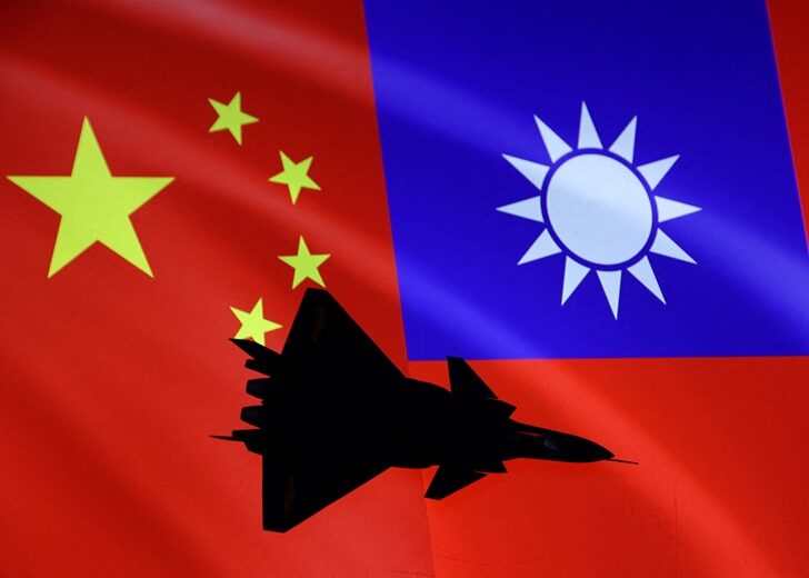 FILE PHOTO: Illustration shows airplane, Chinese and Taiwanese flags