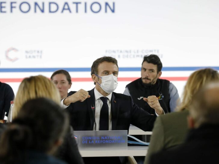 French President Macron attends a territorial session of the National Council for Refoundation on health (CNR) in Fontaine-le-Comte