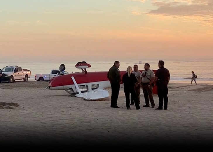 Aftermath of a small plane crash at Santa Monica Pier beach