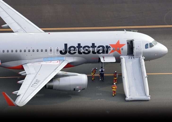 An aerial view shows a Jetstar plane after the budget carrier made an emergency landing following a bomb threat at Chubu Centrair International Airport in Tokoname