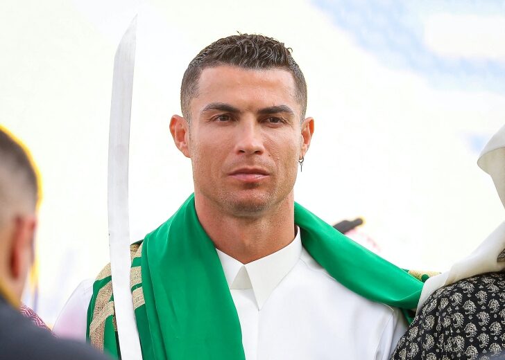 Al-Nassr's Cristiano Ronaldo celebrates Saudi Arabia's Founding Day wearing local traditional clothes at Al-Nassr Football Club in Riyadh, Saudi Arabia