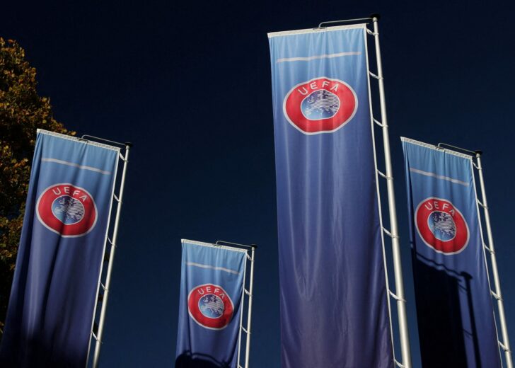 FILE PHOTO: Flags with UEFA logo are seen in Nyon