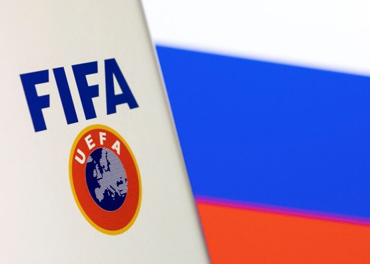 Illustration shows FIFA and UEFA logos and Russian flag