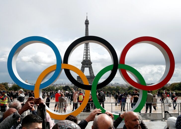 FILE PHOTO: Olympic rings to celebrate the IOC official announcement that Paris won the 2024 Olympic bid are seen in front of the Eiffel Tower at the Trocadero square in Paris
