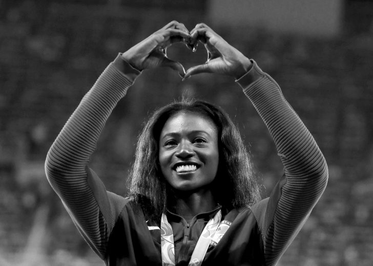 FILE PHOTO: Bronze medalist Tori Bowie of USA reacts at the 2016 Rio Olympics