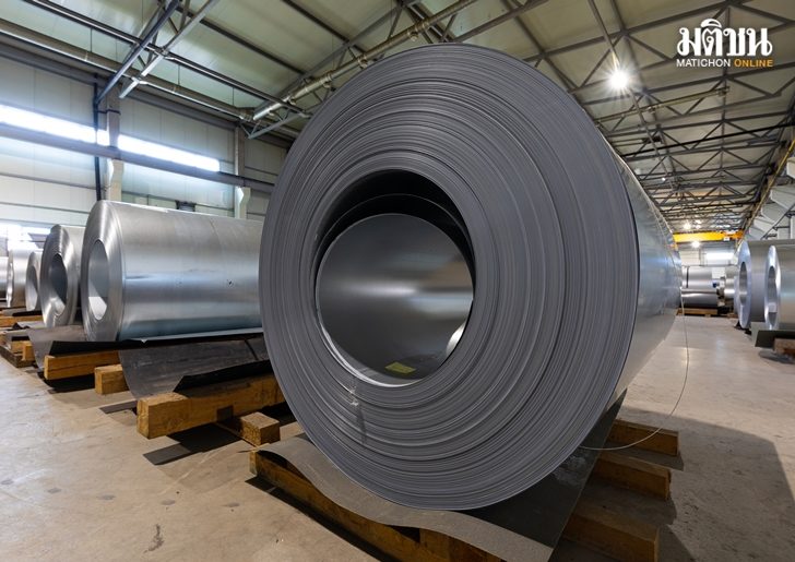 Closeup photo of metal tile for roof in metallic forming machine production line in factory. Cold rolled steel coils at the plant