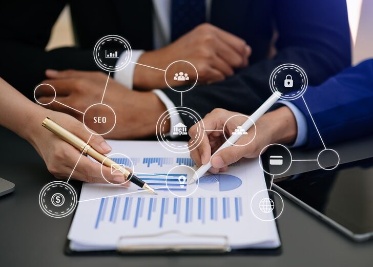 Businesswoman hand working digital marketing media in virtual sc