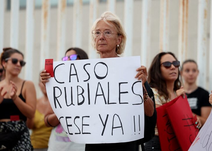 People protest outside the Spanish Soccer Federation