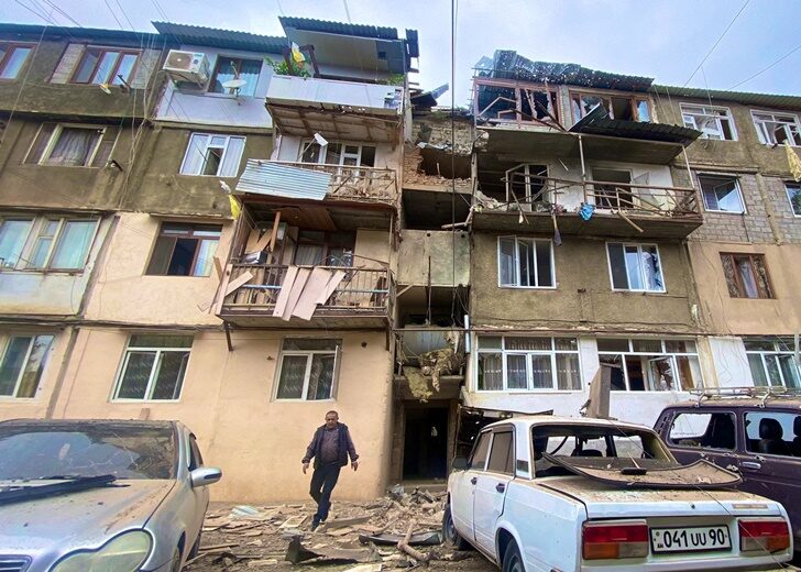A view shows a damaged residential building in Nagorno-Karabakh