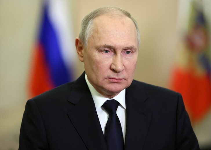 Russian President Vladimir Putin gives a televised address in Moscow