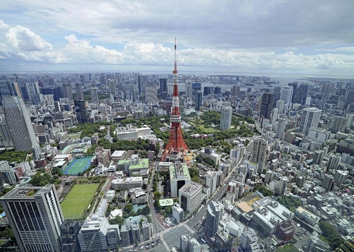 Tokyo Tower is seen from the 52nd floor of 'Azabudai Hills Mori JP Tower', developed by Mori Building Co., during press preview in Tokyo