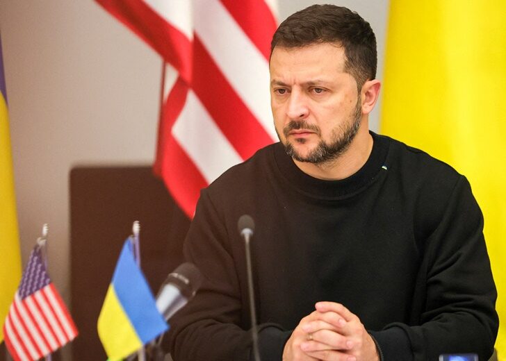 FILE PHOTO: Ukraine's President Zelenskiy addresses a meeting of the Ukraine Defense Contact Group in Brussels