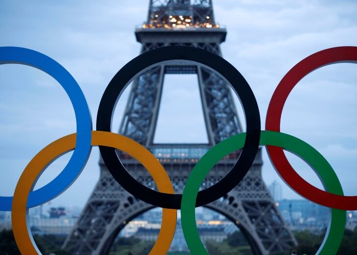 Olympic rings to celebrate the IOC official announcement that Paris won the 2024 Olympic bid are seen in front of the Eiffel Tower at the Trocadero square in Paris