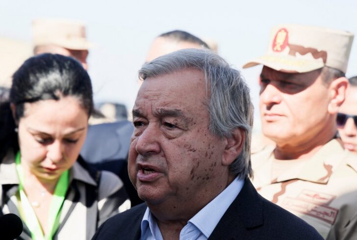 UN Secretary-General Antonio Guterres speaks to the media, after visiting the Rafah border crossing between Egypt and the Gaza Strip, at Al Arish Airport