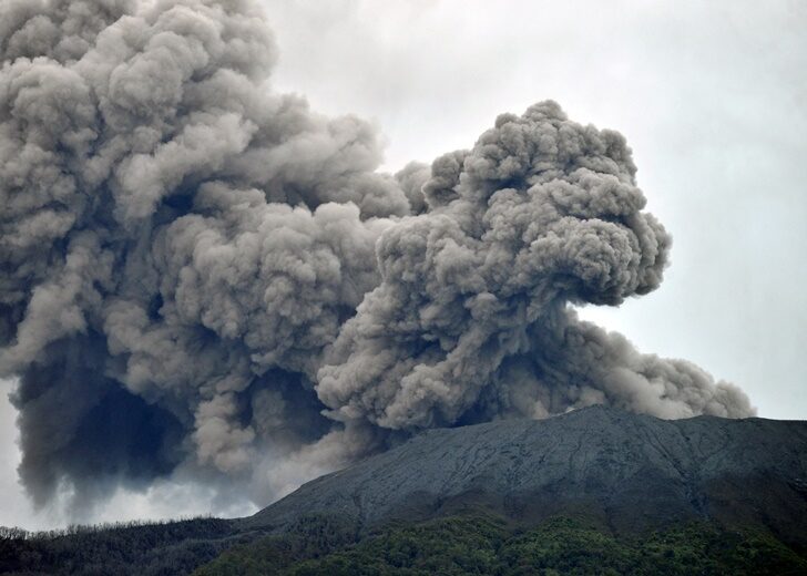 Mount Marapi volcano spews volcanic ash as seen from Nagari Batu Palano in Agam