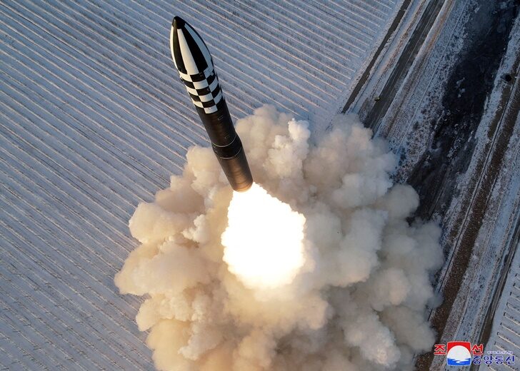 A Hwasong-18 intercontinental ballistic missile is launched during a drill