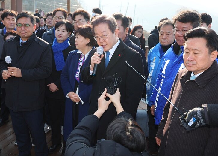 South Korea's opposition party leader Lee Jae-myung speaks during his visit to Busan