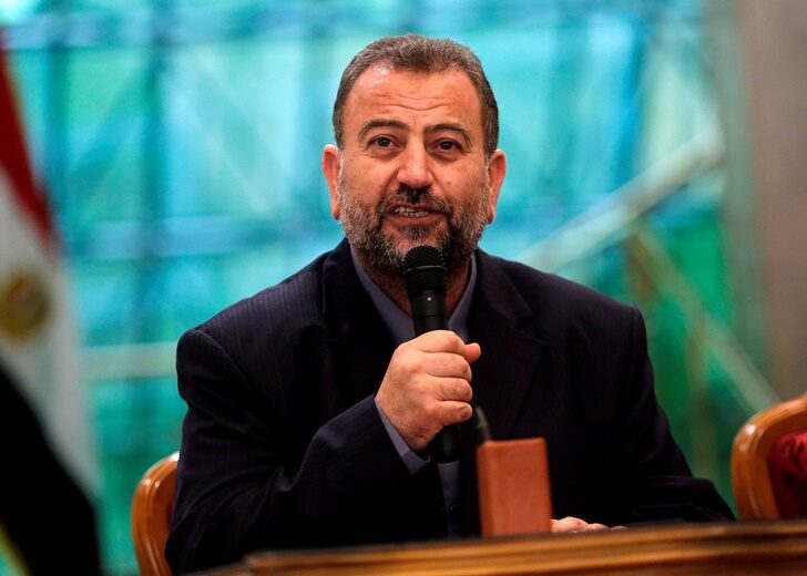 FILE PHOTO: Head of Hamas delegation Saleh al-Arouri speaks during a reconciliation deal signing ceremony in Cairo