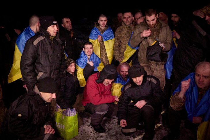 Ukrainian POWs react after a swap at an unknown location in Ukraine