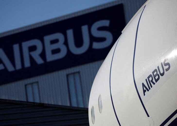FILE PHOTO: Airbus logo at the Airbus facility in Saint-Nazaire
