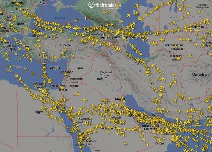 FILE PHOTO: A graphical representation of air traffic shows airspace over Iran and the neighbouring Middle East
