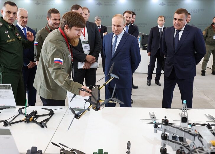 Russia's President Vladimir Putin visits a drone production facility in Saint Petersburg