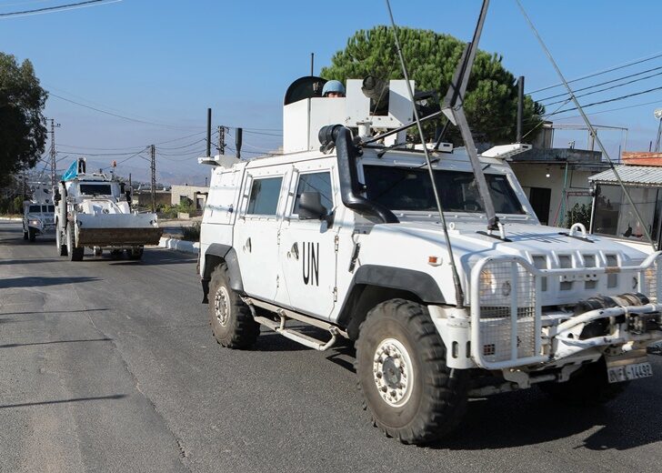 UN peacekeepers (UNIFIL) vehicles drive in Marjayoun
