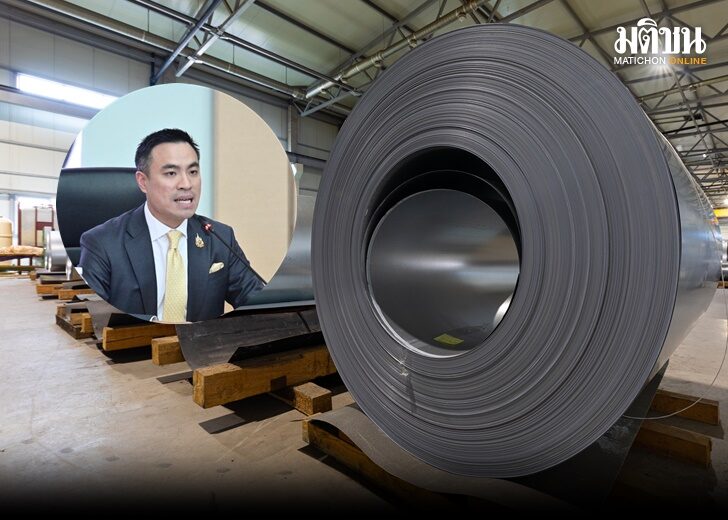 Closeup photo of metal tile for roof in metallic forming machine production line in factory. Cold rolled steel coils at the plant