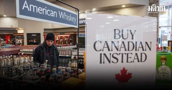 Empty shelves remain with signs ''Buy Canadian Instead'' after the top five U.S. liquor brands were removed from sale at a B.C. Liquor Store, in Vancouver