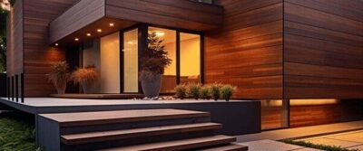 บริเวณหน้าบ้านที่ตกแต่งผนังและพื้นด้วยไม้เทียม