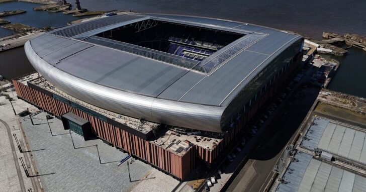A drone view shows Everton's new stadium at Bramley Moore Dock in Liverpool