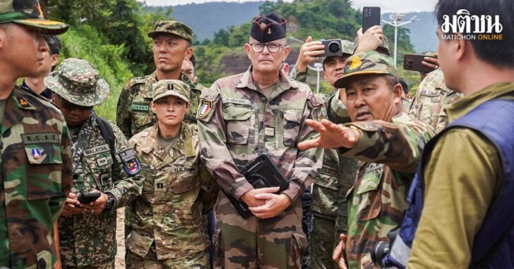 Foreign military attaches inspect the closed An Ses border checkpoint, as Thailand accuses Cambodia of second ceasefire violation, in Preah Vihear province
