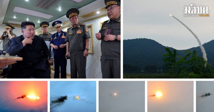 A combination image released by KCNA on August 23 says to show firing tests of anti-aircraft missiles and North Korean leader Kim Jong Un flanked by Korean People's Army officers
