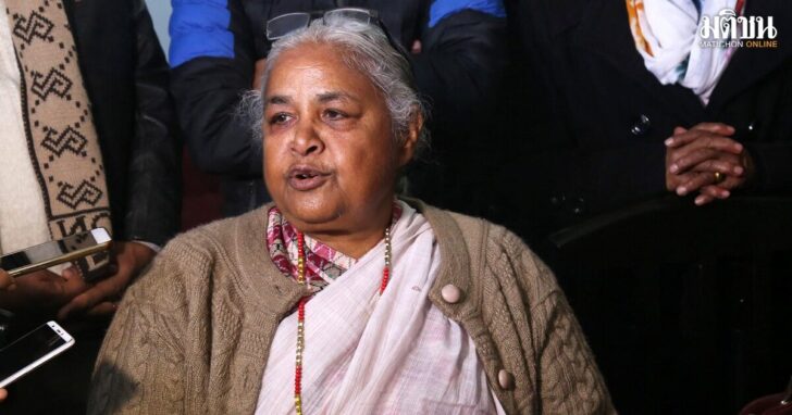 Nepal's former Chief Justice Sushila Karki speaks with the media after meeting Doctor Govinda KC, in Kathmandu