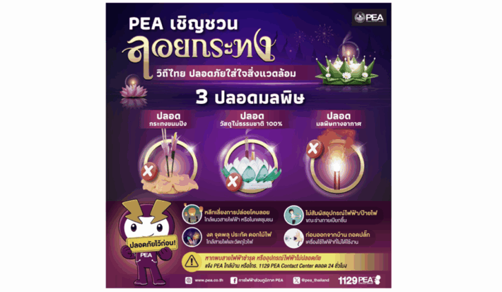 .PEA ห่วงใยประชาชน ช่วงเทศกาลลอยกระทง เตรียมพร้อมระบบไฟฟ้า 24 ชั่วโมง.