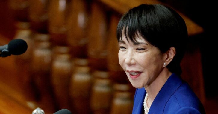 FILE PHOTO: Japanese Prime Minister Sanae Takaichi in parliament in Tokyo