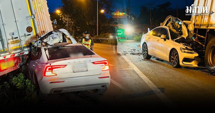 จ่าสิบเอก ขับวอลโว่ วูบหลับใน เสียหลักพุ่งชน บรรทุก6ล้อจอดข้างทาง รถเก๋งพังยับ