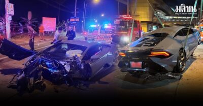 หนุ่มซิ่ง ลัมโบร์กินี ป้ายแดง พุ่งชนเสาไฟฟ้าหัก 1 ต้น รถพังยับ ล้อขาดติดโคนเสา