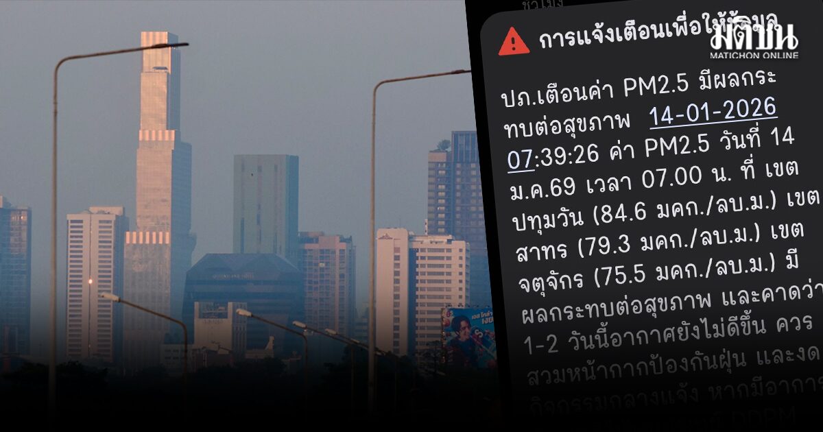 ปภ.ส่ง Cell Broadcast เตือน 3 เขตกทม. ฝุ่นพิษกระทบสุขภาพ กทม. ค่า PM2.5 สีแดง-ส้ม