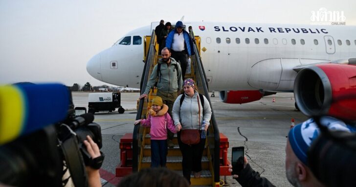Repatriated Slovaks who were stranded in Jordan amid the U.S.-Israel conflict with Iran, arrive at M. R. Stefanik Airport, in Bratislava