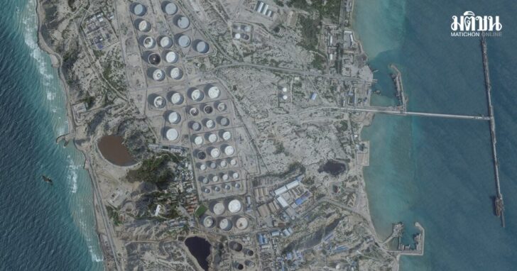 A satellite image shows an oil terminal, in Kharg Island
