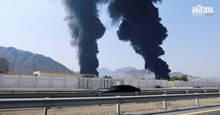 Smoke rises in the Fujairah oil industry zone, caused by debris after interception of a drone by air defenses, according to the Fujairah media office, amid the U.S.-Israel conflict with Iran, in Fujairah