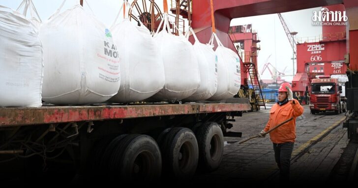 Workers unload imported potash fertilisers from a cargo vessel at a bulk terminal in Zhangjiagang