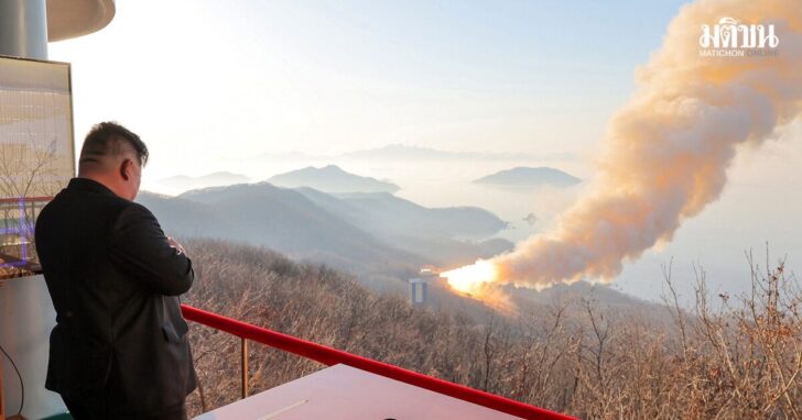 North Korea's Kim Jong Un observes a ground ejection test of a high-output solid-fuel engine using carbon fiber composite materials