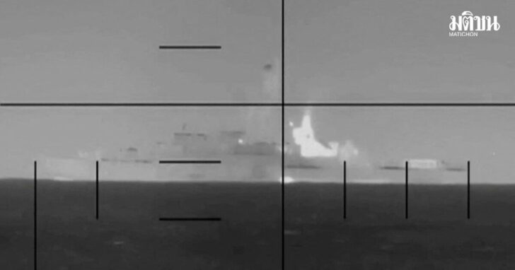 An explosion on what the U.S. Department of Defense says is an Iranian warship, at the sea
