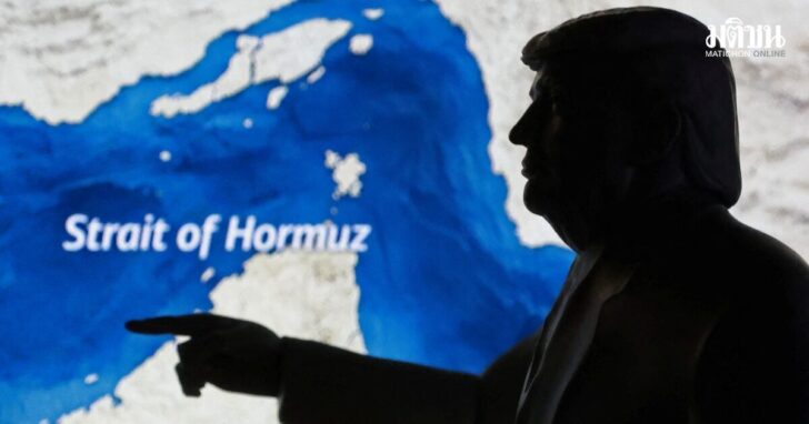 Illustration shows 3D-printed miniature model depicting U.S. President Donald Trump and map showing the Strait of Hormuz